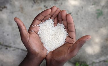 Dark hand holding rice in the shape of a heart
